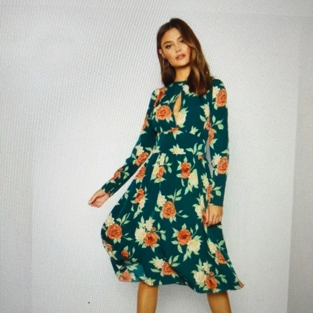 Floral Long Sleeve Dress - Green and Orange